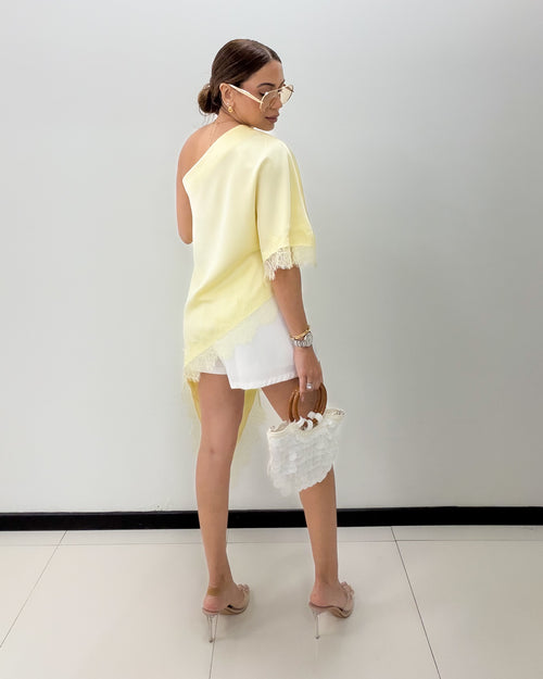 YELLOW SATIN ASYMMETRICAL BLOUSE