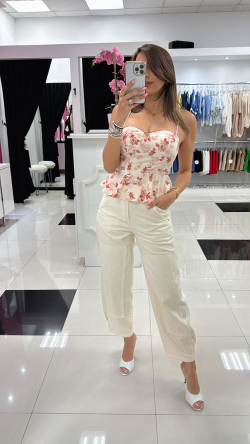 FLORAL PRINT CORSET PEPLUM TOP