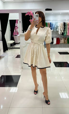 CREAM FLARE MINI DRESS