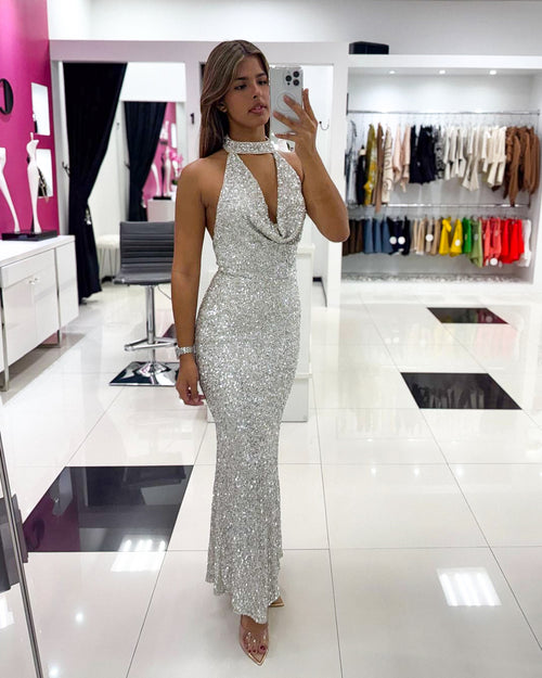 SILVER HALTER SEQUINS DRESS