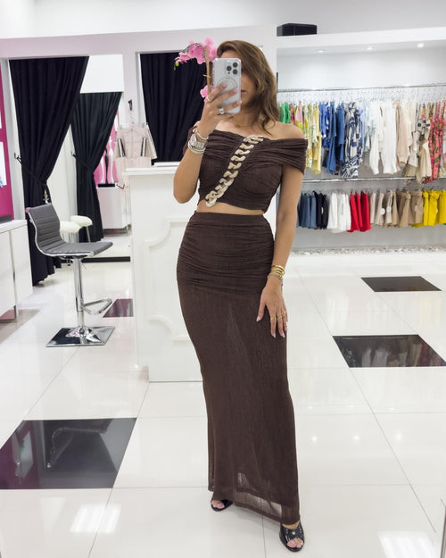 DARK BROWN MESH SKIRT SET