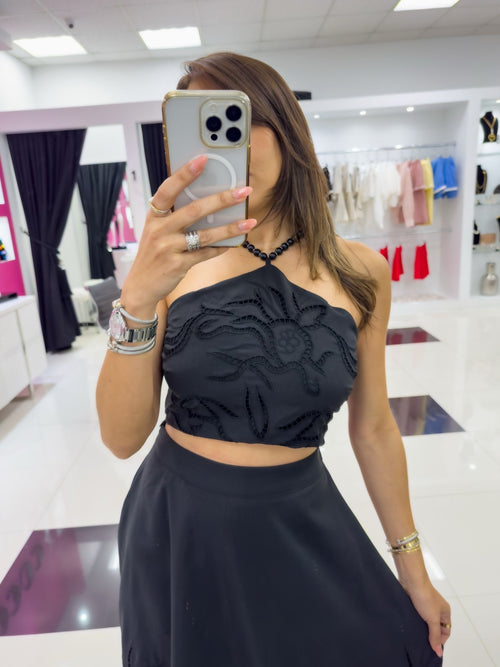 BLACK EYELET DETAILS SKIRT SET
