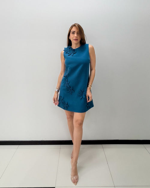 TEAL FLOWER DETAIL DRESS