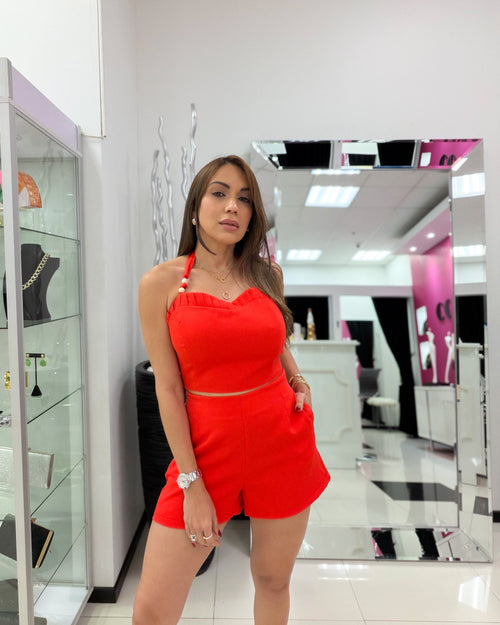 HALTER NECK BEADS DETAILS SHORT SET