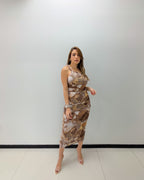 BROWN PRINT RUCHED MIDI DRESS
