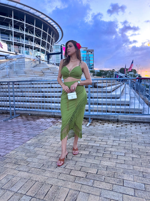 GREEN FRINGES SKIRT SET