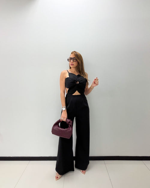 BLACK FLOWER DETAILS JUMPSUIT