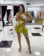 LIME-PINK ONE SHOULDER ROMPER