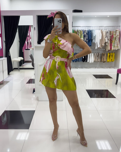 LIME-PINK ONE SHOULDER ROMPER