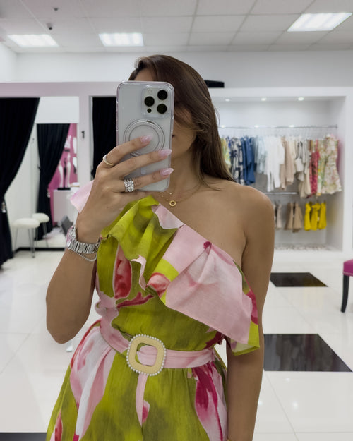 LIME-PINK ONE SHOULDER ROMPER