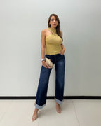 HIGH RISE WIDE LEG CUFFED JEANS