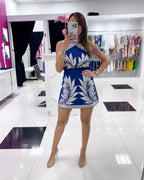 BLUE-IVORY PRINT MINI DRESS