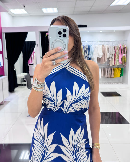 BLUE-IVORY PRINT MINI DRESS