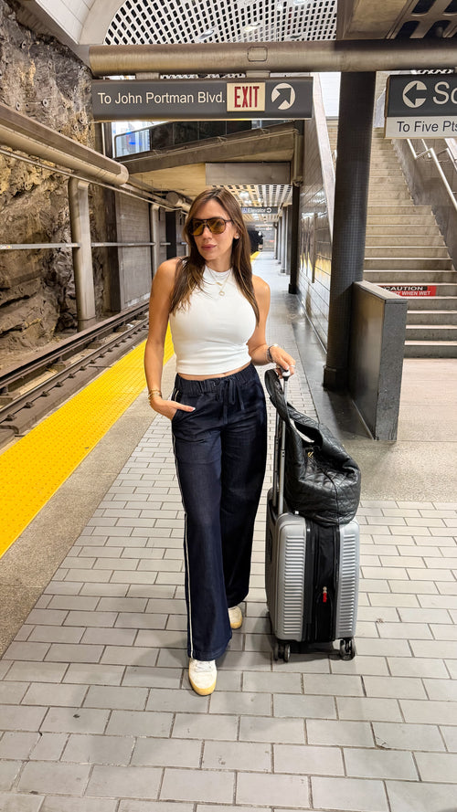HIGH RISE WIDE LEG STRIPPED JEANS