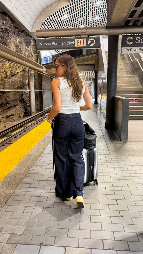 HIGH RISE WIDE LEG STRIPPED JEANS