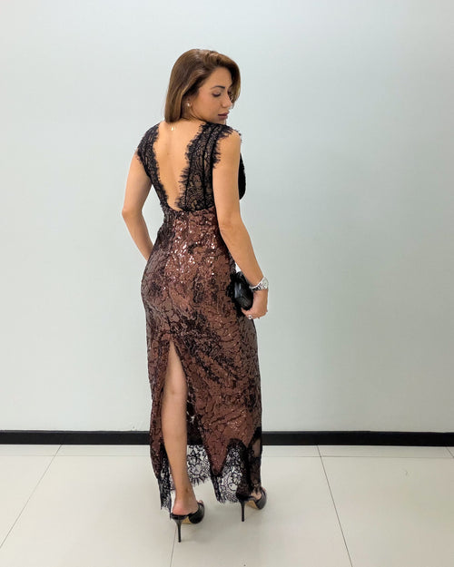 BROWN LACE SEQUINS DRESS