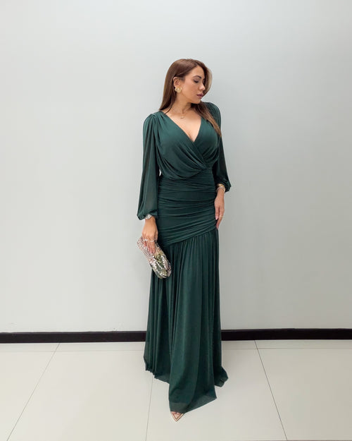 HUNTER GREEN RUCHED MESH DRESS