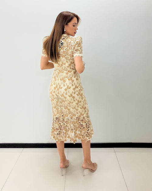 TAUPE LACE MIDI DRESS