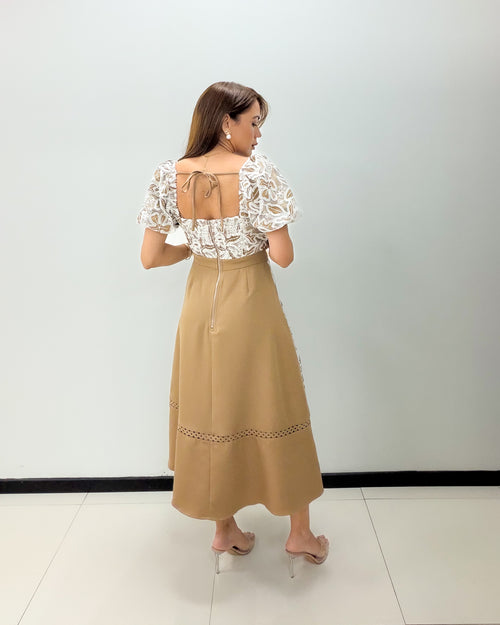 TAUPE LACE MIDI DRESS
