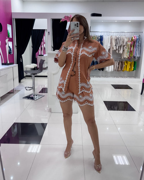 RUST- IVORY LACE SHORT SET