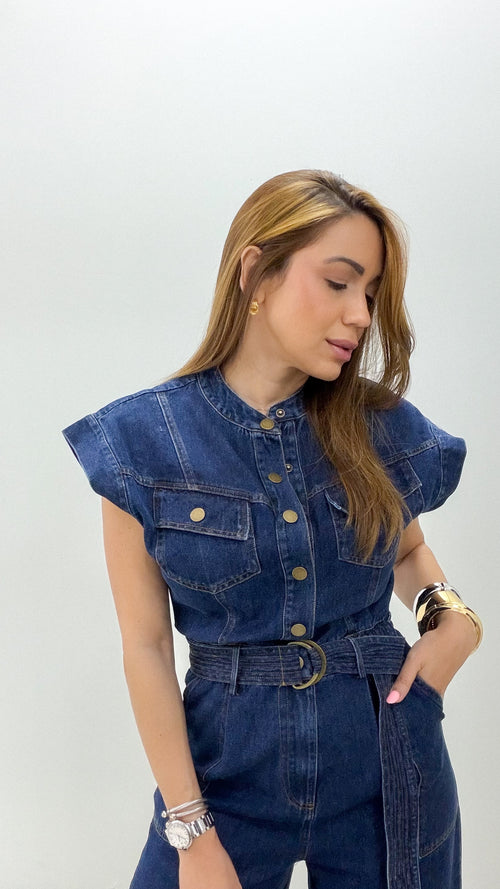 WASHED DENIM WIDE LEG JUMPSUIT