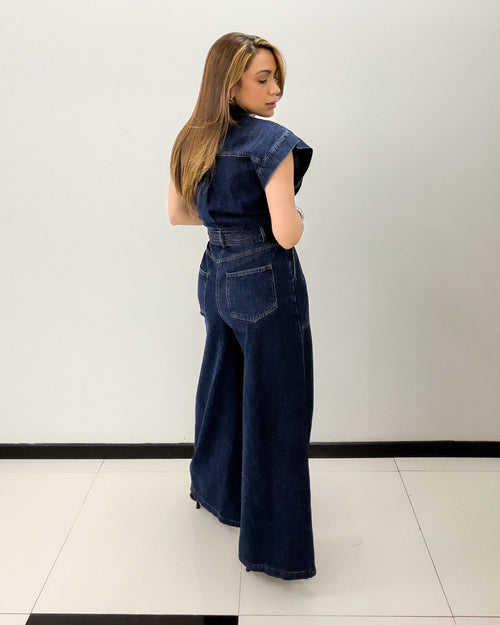 WASHED DENIM WIDE LEG JUMPSUIT