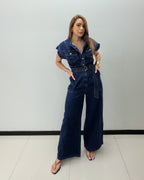 WASHED DENIM WIDE LEG JUMPSUIT