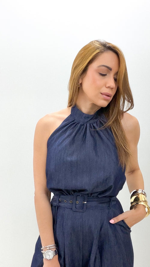 DARK DENIM HALTER JUMPSUIT