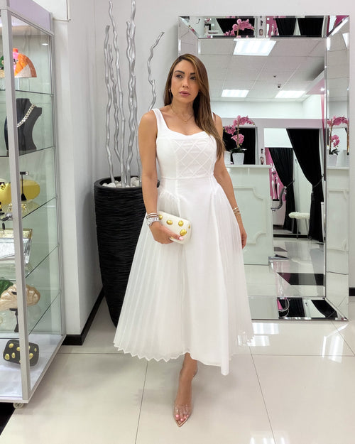 WHITE PLEATED MIDI DRESS