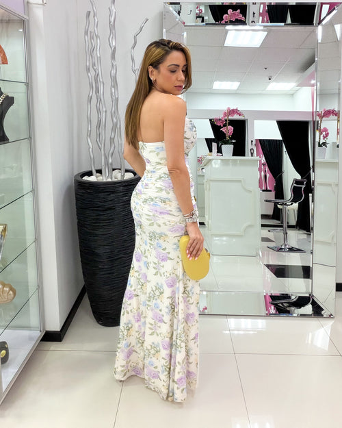 CREAM/LAVENDER FLORAL PRINT DRESS