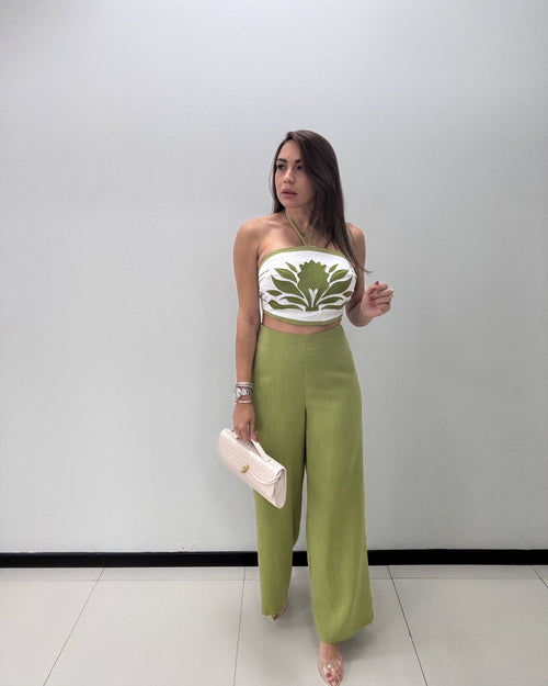 LT OLIVE /WHITE BANDEAU TOP & PANT SET