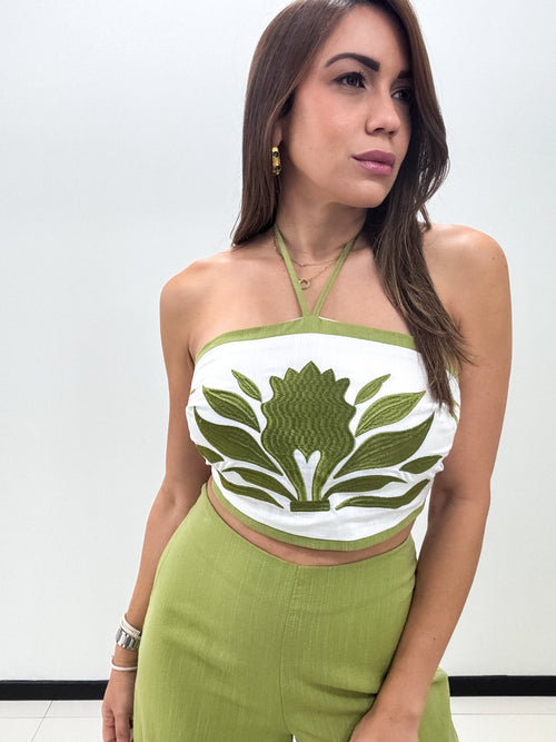 LT OLIVE /WHITE BANDEAU TOP & PANT SET