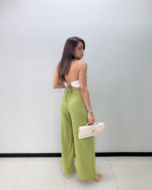 LT OLIVE /WHITE BANDEAU TOP & PANT SET