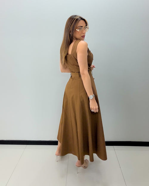 BROWN BUTTON DETAILS DRESS