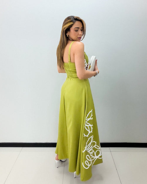 OLIVE FLOWER DETAILS MIDI DRESS