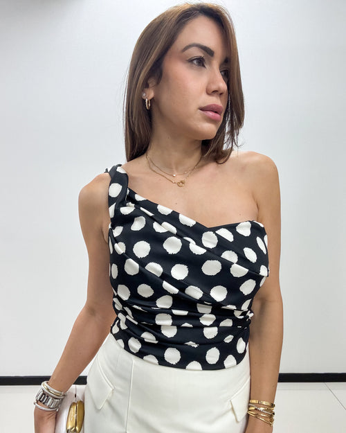 TWISTED POLKA DOTS ONE SHOULDER TOP