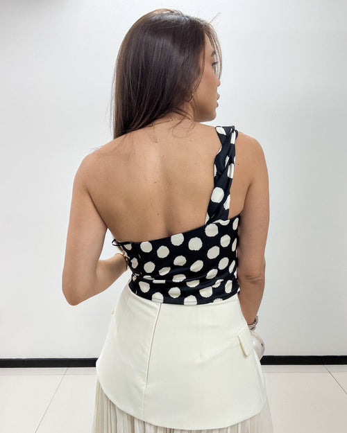 TWISTED POLKA DOTS ONE SHOULDER TOP