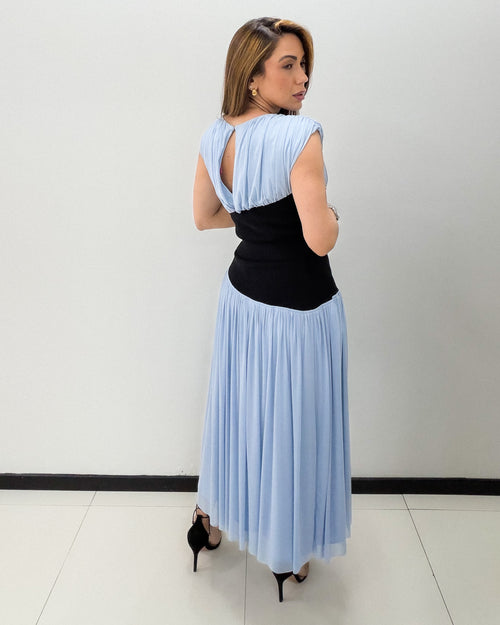 POWDER BLUE-BLACK SKIRT SET