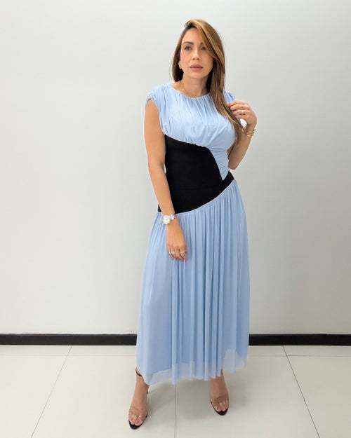 POWDER BLUE-BLACK SKIRT SET
