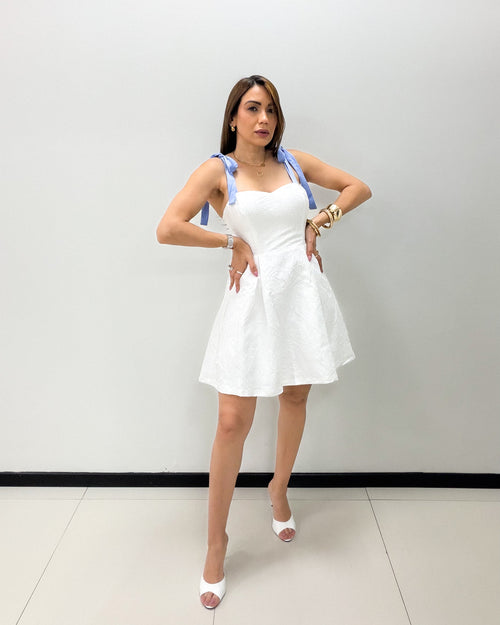 WHITE FLORAL JACQUARD MINI DRESS