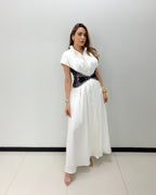 WHITE BLACK BELT MIDI DRESS