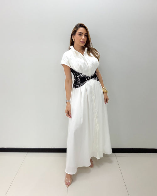 WHITE BLACK BELT MIDI DRESS