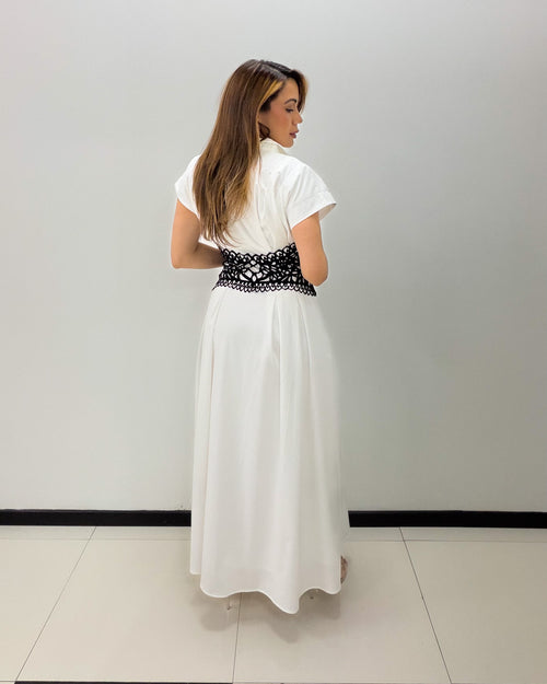 WHITE BLACK BELT MIDI DRESS