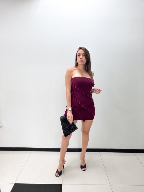 BURGUNDY RUFFLE DETAIL MINI DRESS