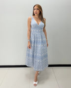 BLUE-IVORY EYELET MIDI DRESS