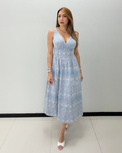 BLUE-IVORY EYELET MIDI DRESS