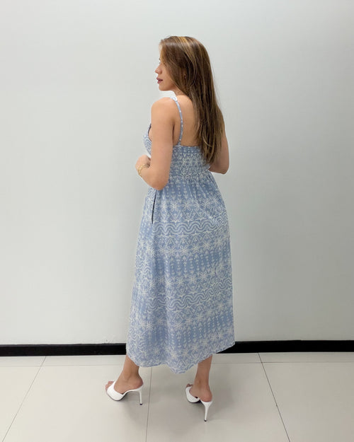 BLUE-IVORY EYELET MIDI DRESS