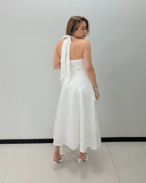 WHITE HALTER MIDI DRESS