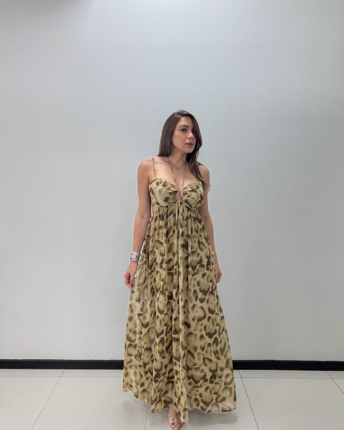 OLIVE/BROWN PRINT MAXI DRESS