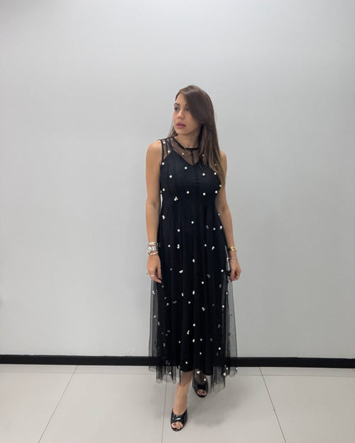 PEARL BEADED MESH DRESS